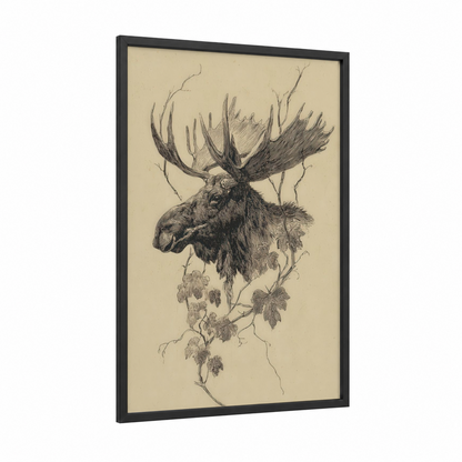 Majestic Moose framed art print — black wood frame — black and white and cream palette
