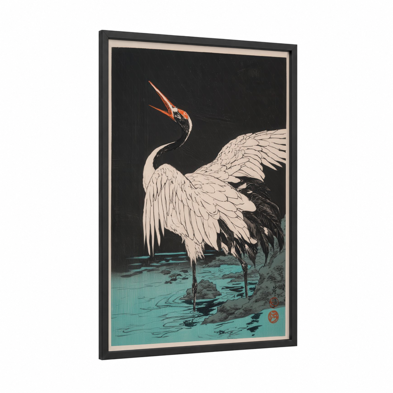 Moonlit Crane framed art print — black wood frame — teal and black and white palette