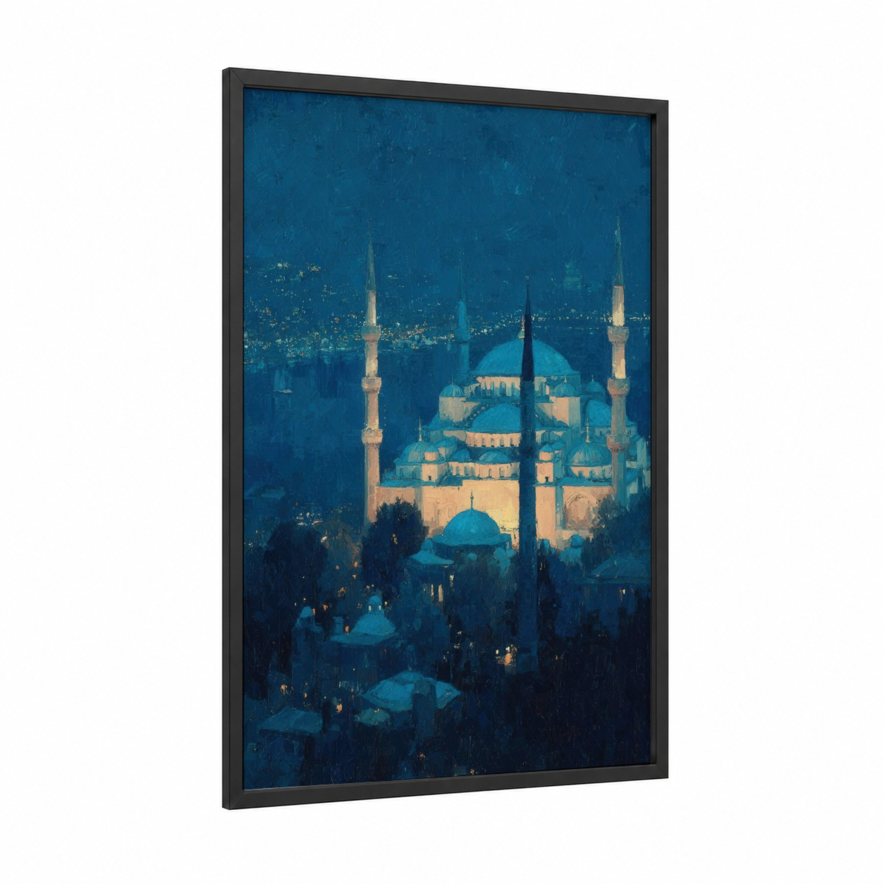 Istanbul Mosque Night framed art print — black wood frame — dark blue and gold and white palette