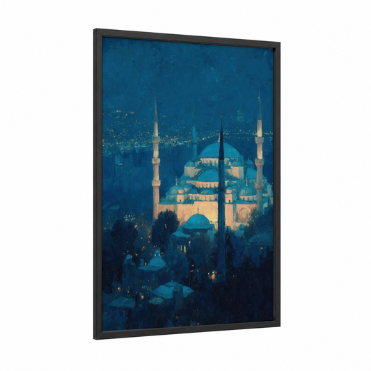 Istanbul Mosque Night framed art print — black wood frame — dark blue and gold and white palette