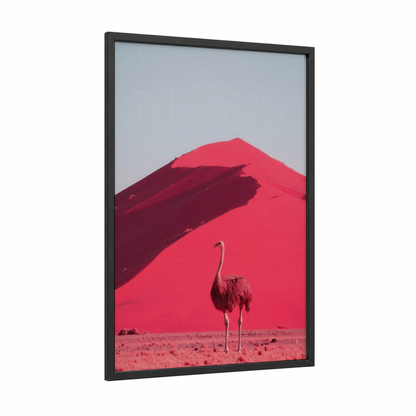 Desert Ostrich framed art print — black wood frame — magenta and maroon palette