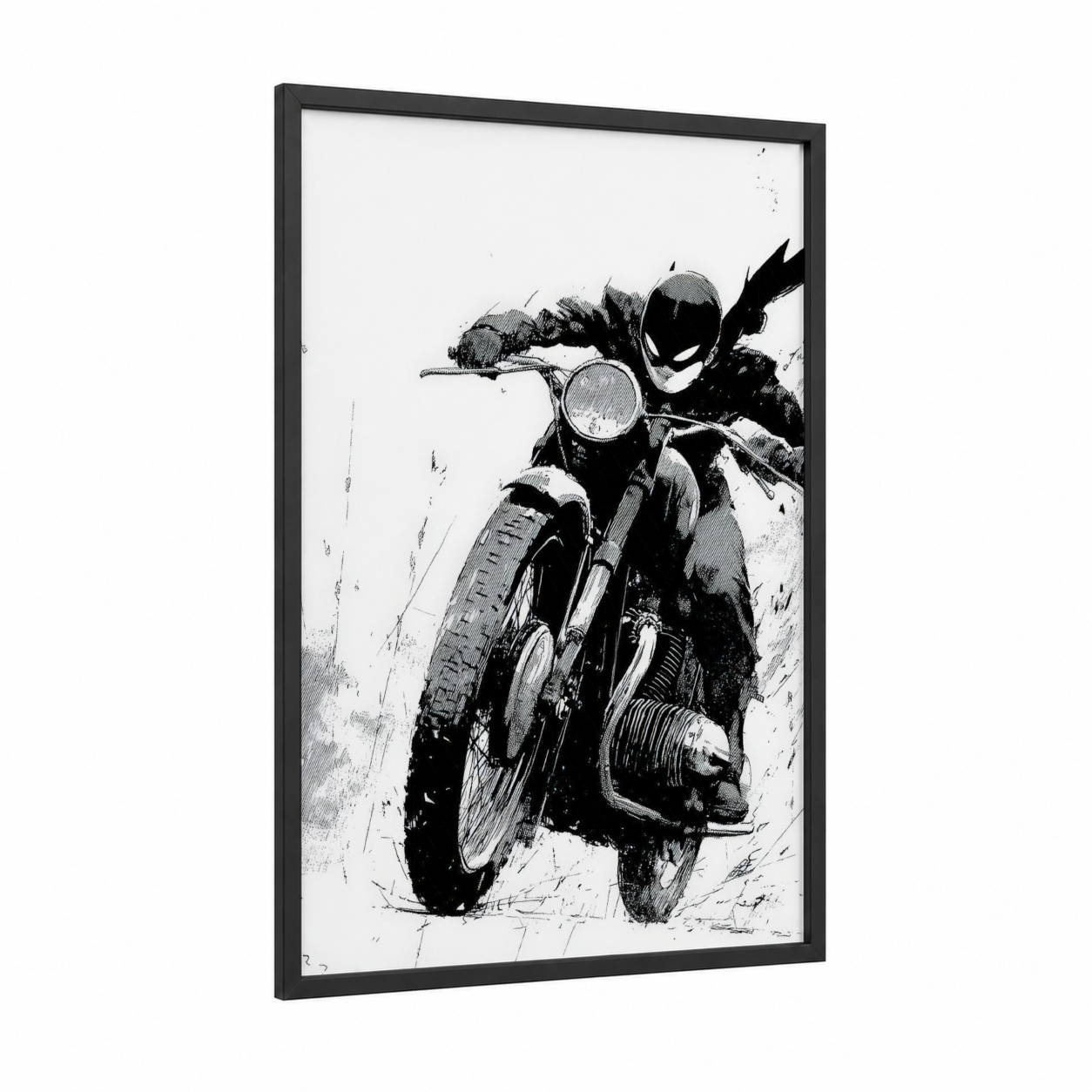 Speeding Vintage Rider framed vintage motorcycle print — black wood frame — black and white palette