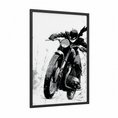 Speeding Vintage Rider framed vintage motorcycle print — black wood frame — black and white palette