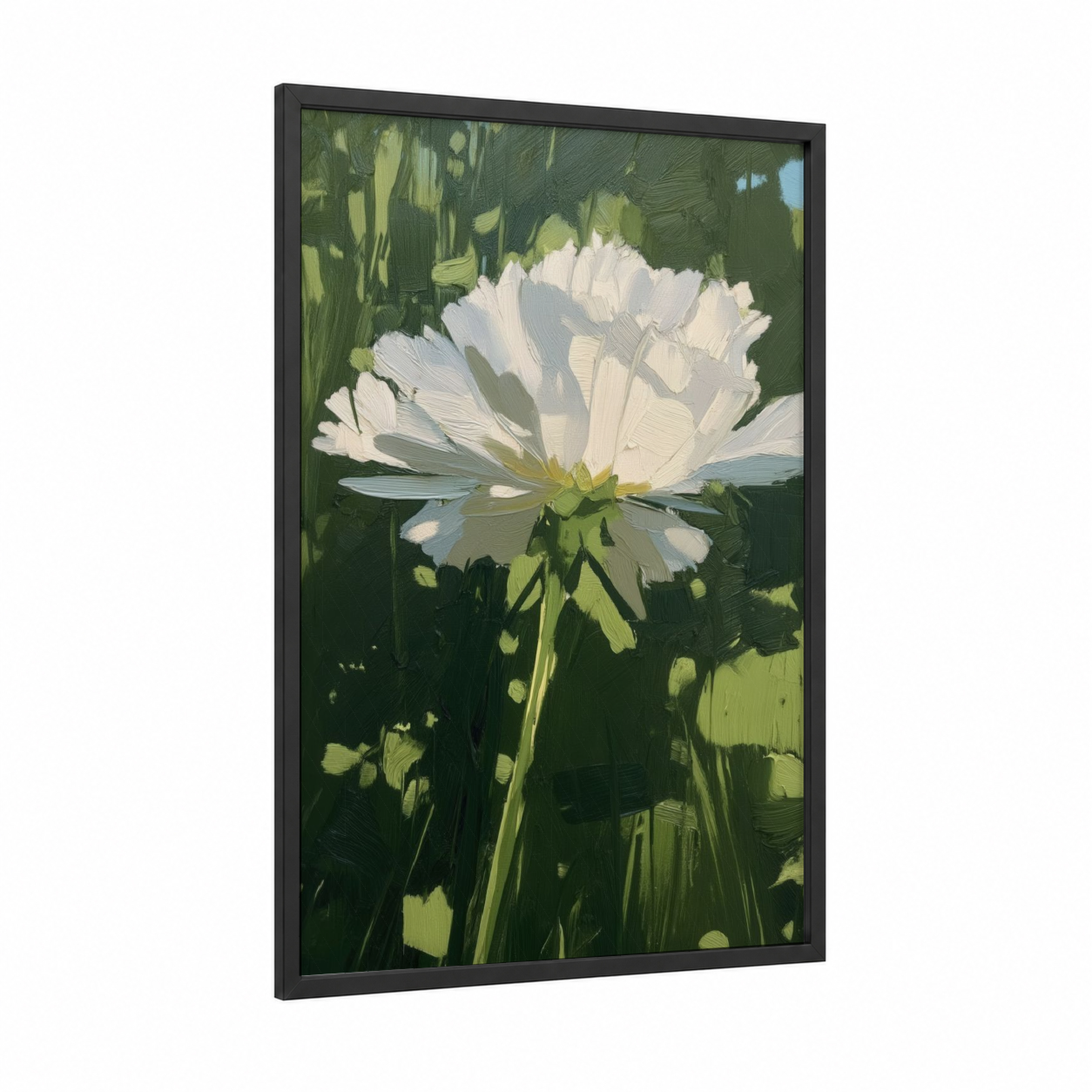White Daisy Study framed abstract flower print — black wood frame — white and dark green palette