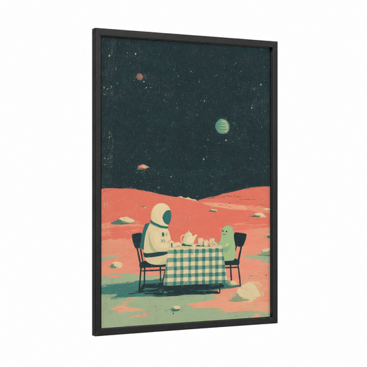 Martian Tea Party framed astronaut print — black wood frame — pumpkin and teal palette