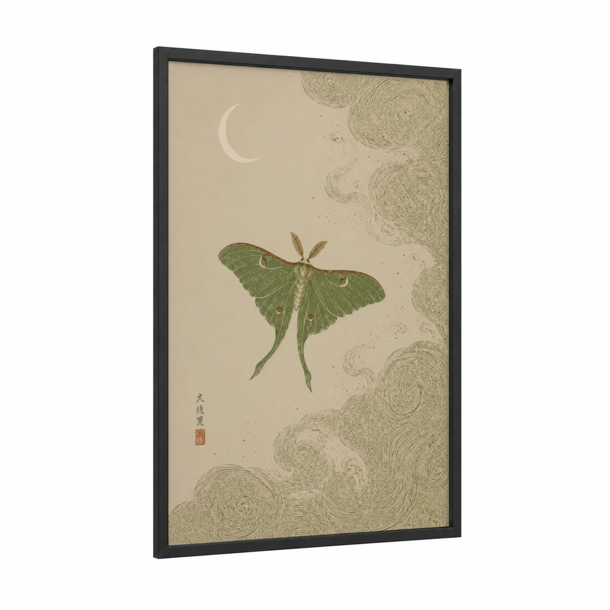 Luna Moth Japanese Woodblock Wall Art framed butterfly print — black wood frame — beige and light green palette