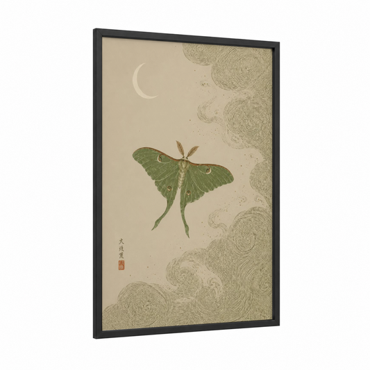 Luna Moth Japanese Woodblock Wall Art framed butterfly print — black wood frame — beige and light green palette