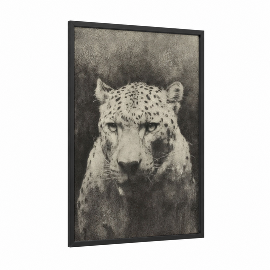 Spotted Jaguar framed art print — black wood frame — black and white and gray palette