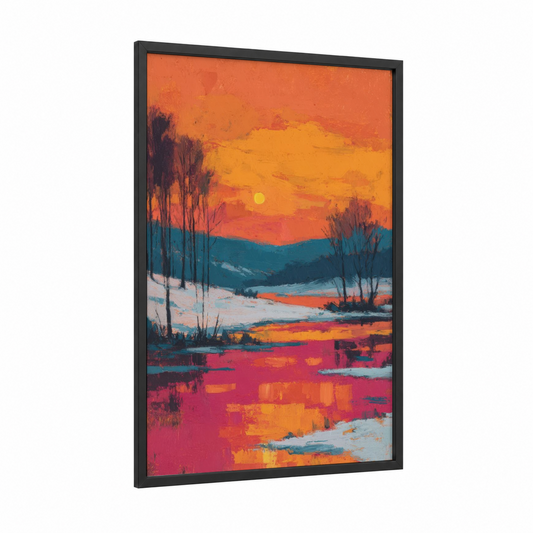 Snowy Sunset Reflection framed winter print — black wood frame — orange and blue palette