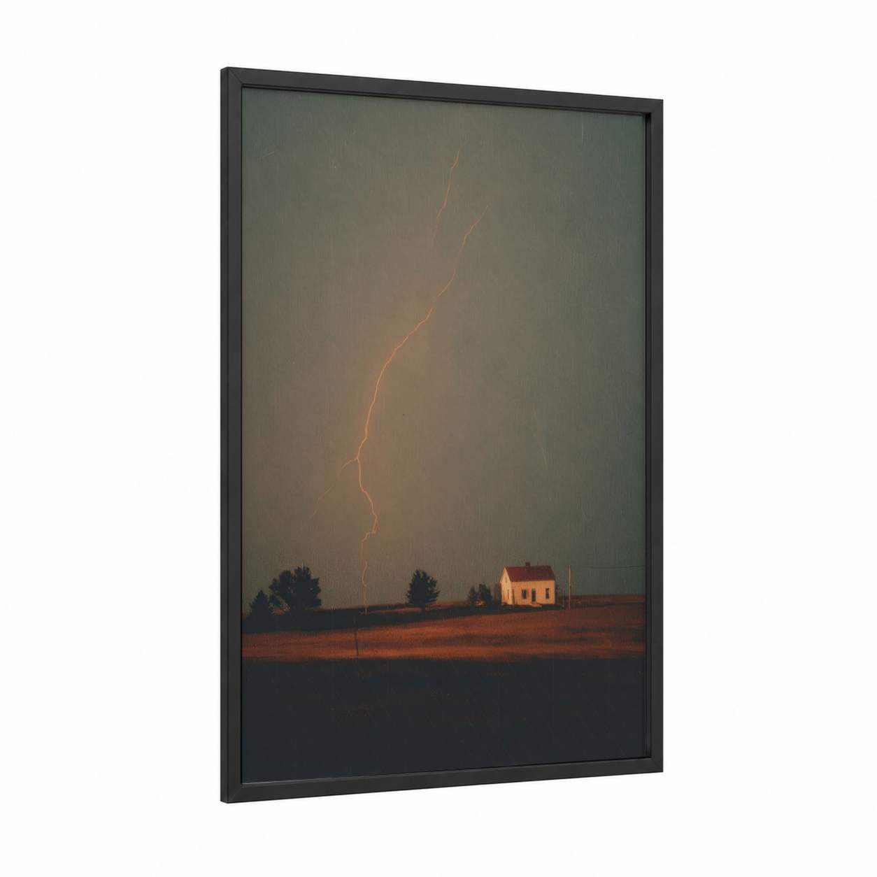 Stormy Solitude framed lightning print — black wood frame — gray and gold palette