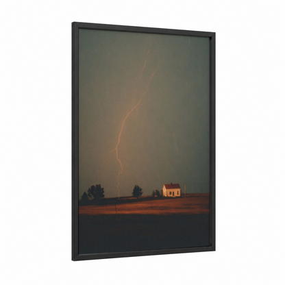 Stormy Solitude framed lightning print — black wood frame — gray and gold palette