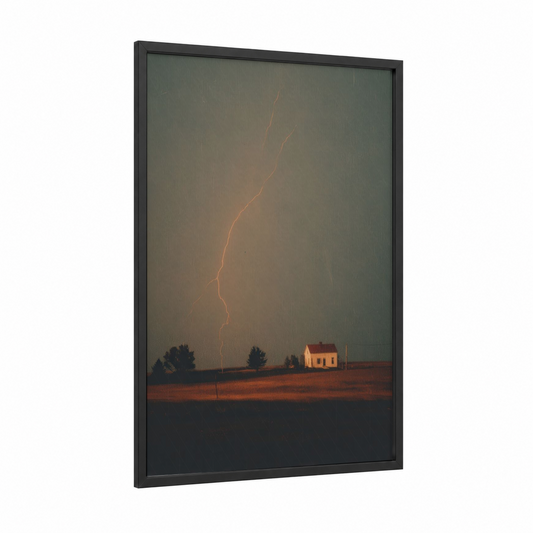 Stormy Solitude framed lightning print — black wood frame — gray and gold palette