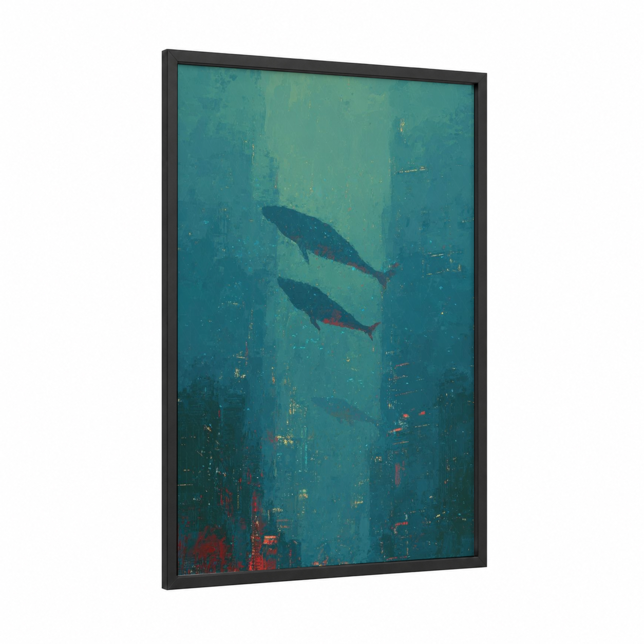 Underwater Metropolis framed sci-fi print — black wood frame — teal and gold palette