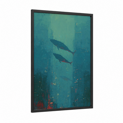 Underwater Metropolis framed sci-fi print — black wood frame — teal and gold palette