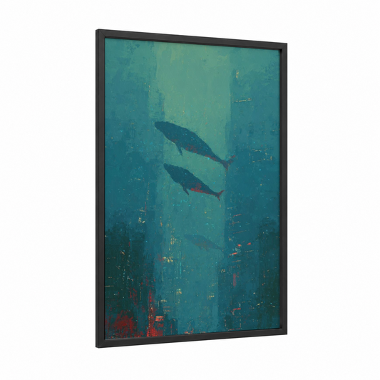 Underwater Metropolis framed sci-fi print — black wood frame — teal and gold palette