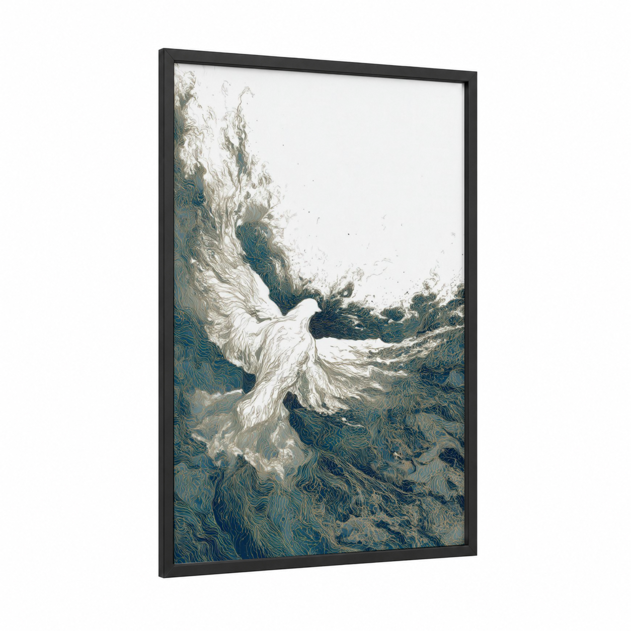 Ethereal Dove Flight framed art print — black wood frame — white and dark blue palette