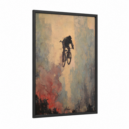 Urban Ascent framed urban bicycle print — black wood frame — gold and gray palette