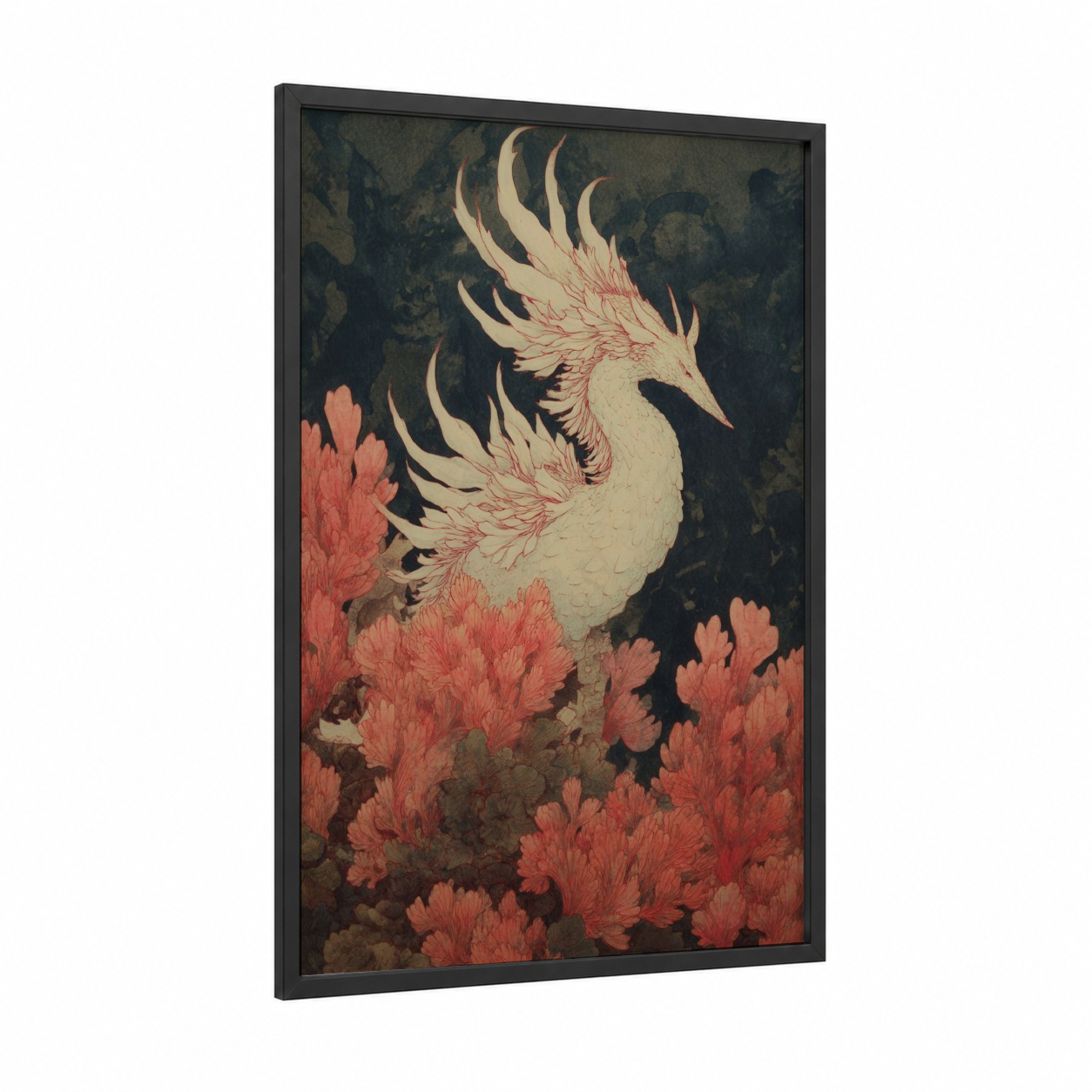 Crimson Nudibranch framed art print — black wood frame — salmon pink and dove gray palette