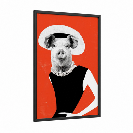 Glamour Pig framed art print — black wood frame — red and black and white palette