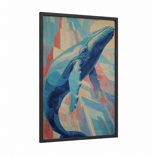 Ascending Whale framed blue whale print — black wood frame — teal and cream palette
