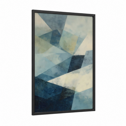 Glacier Geometry framed art print — black wood frame — blue and blue and white palette