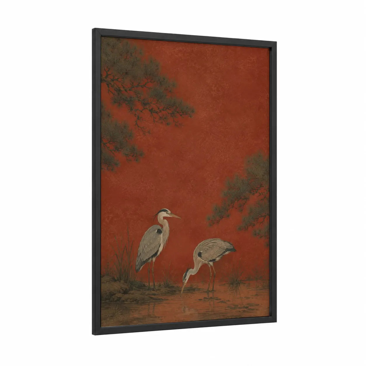Japanese Heron Zen Nature Wall Art framed art print — black wood frame — russet and gray palette