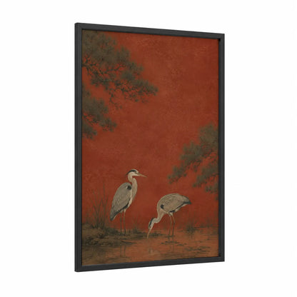 Japanese Heron Zen Nature Wall Art framed art print — black wood frame — russet and gray palette