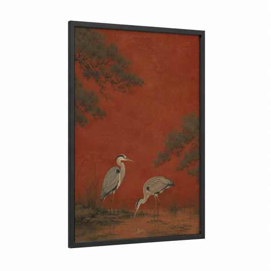 Japanese Heron Zen Nature Wall Art framed art print — black wood frame — russet and gray palette
