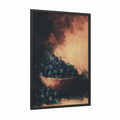 Ethereal Fruit Bowl framed art print — black wood frame — gold and black and gold palette