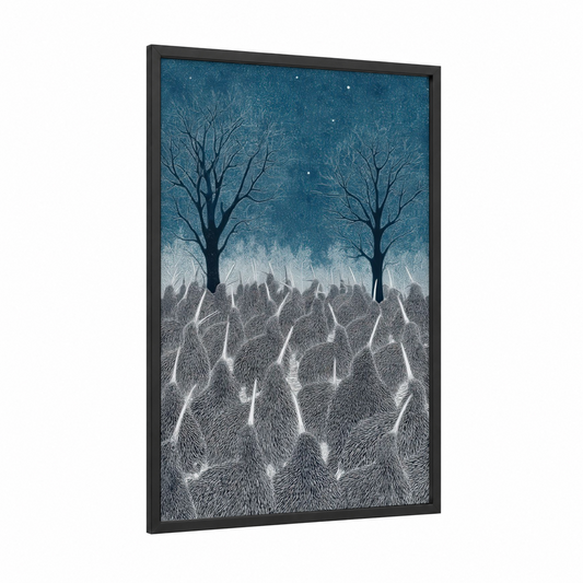 Snowy Kiwi Forest framed art print — black wood frame — blue and white palette