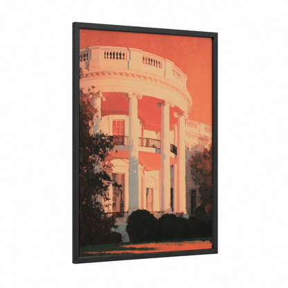 Sunset White House framed art print — black wood frame — pumpkin and peach palette