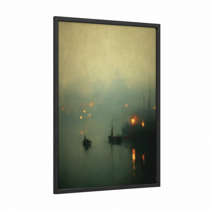 Misty Harbor Lights framed night sky print — black wood frame — cream and teal palette
