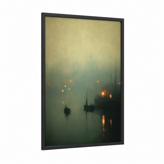 Misty Harbor Lights framed night sky print — black wood frame — cream and teal palette