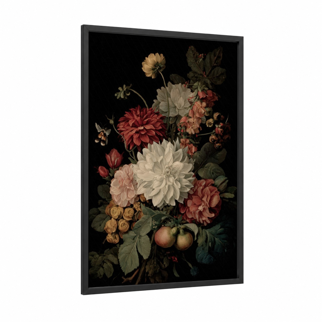 Crimson Dahlia Bouquet framed art print — black wood frame — cream and maroon palette