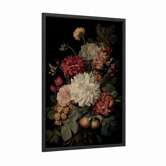 Crimson Dahlia Bouquet framed art print — black wood frame — cream and maroon palette