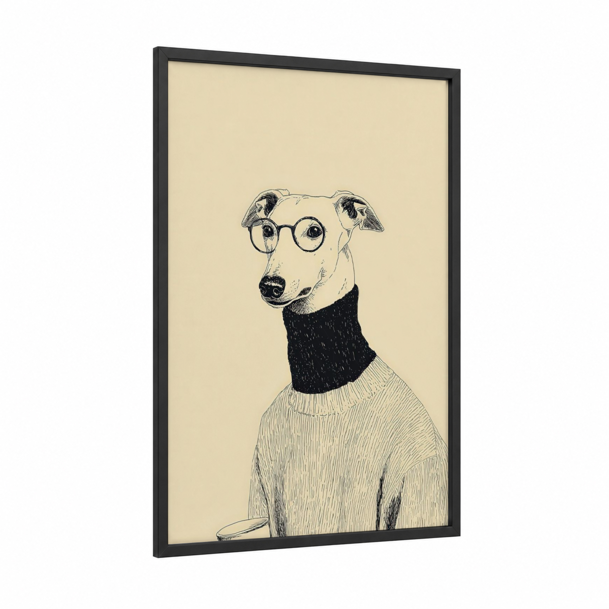 Intellectual Greyhound framed fashion illustration print — black wood frame — cream and black and white palette
