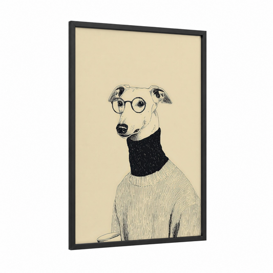 Intellectual Greyhound framed fashion illustration print — black wood frame — cream and black and white palette