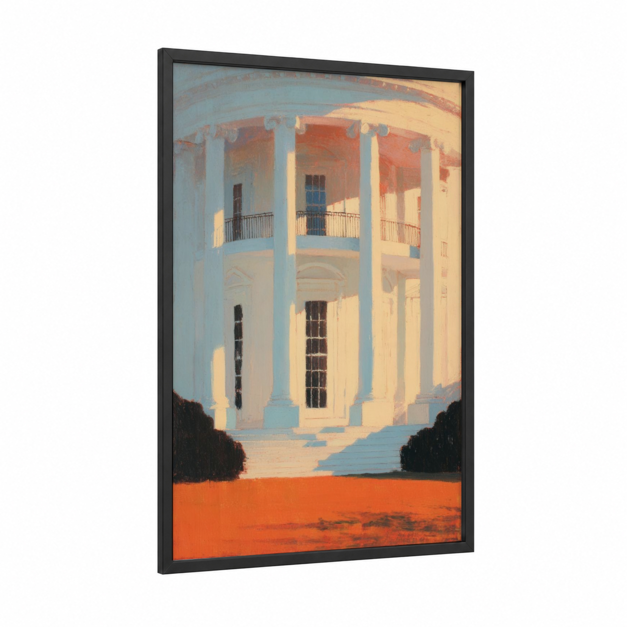 Golden Hour Residence framed white house print — black wood frame — gold and blue and gold palette