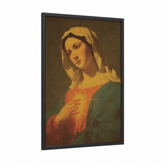 Serene Virgin Mary framed art print — black wood frame — gold and maroon palette