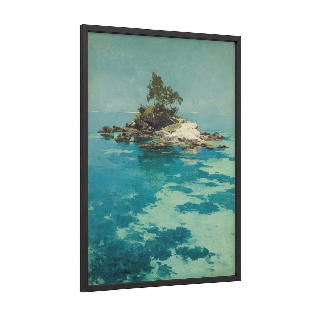 Tropical Island Solitude framed art print — black wood frame — turquoise and light green palette