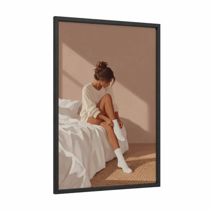 Morning Serenity Bedroom Wall Art framed art print — black wood frame — beige and cream palette