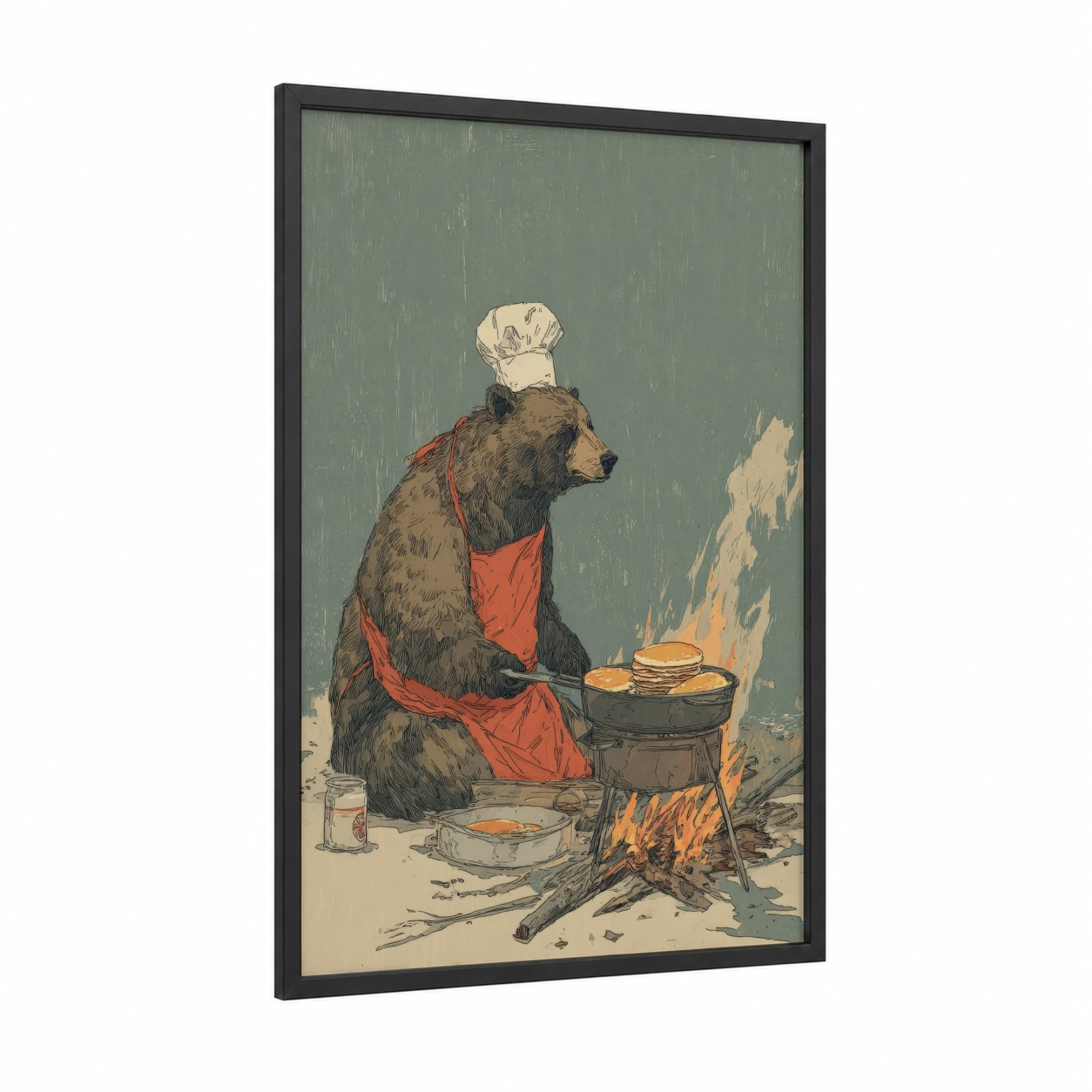 Campfire Chef Bear framed grizzly bear print — black wood frame — sage green and gold palette