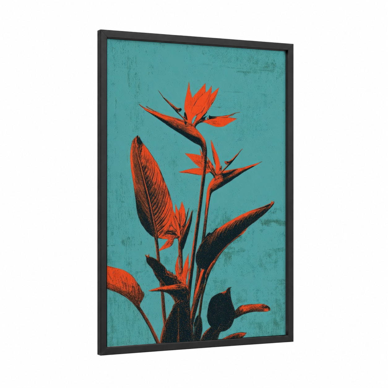 Tropical Birds Paradise framed birds of paradise print — black wood frame — orange and turquoise palette