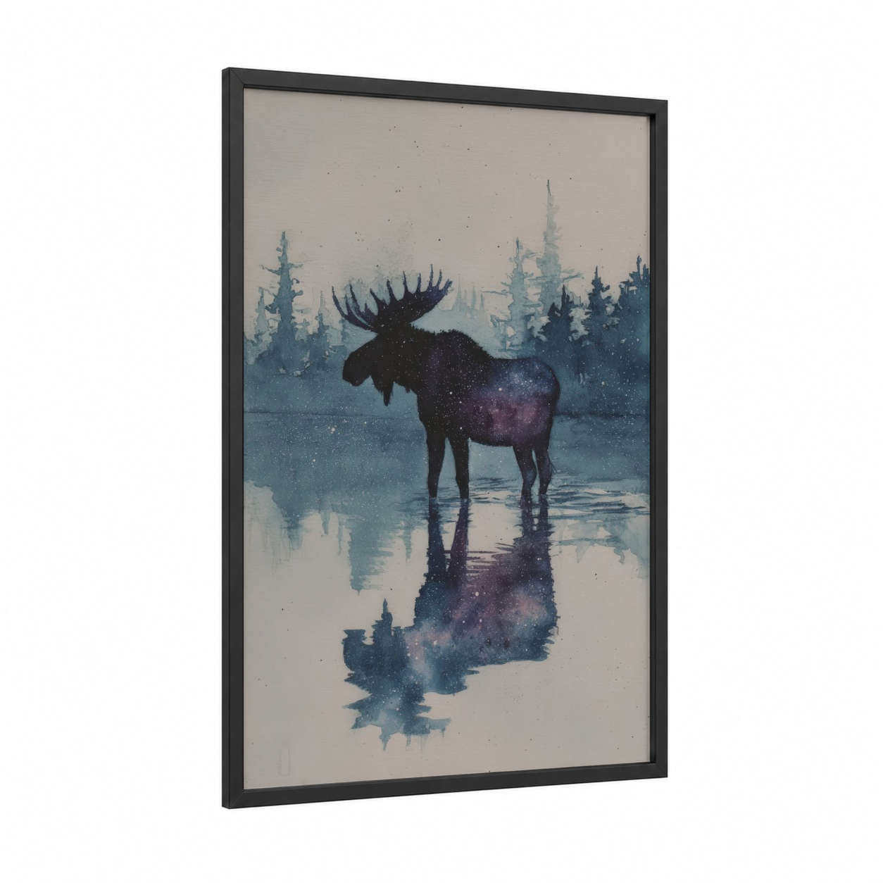Cosmic Moose framed art print — black wood frame — blue and gray palette