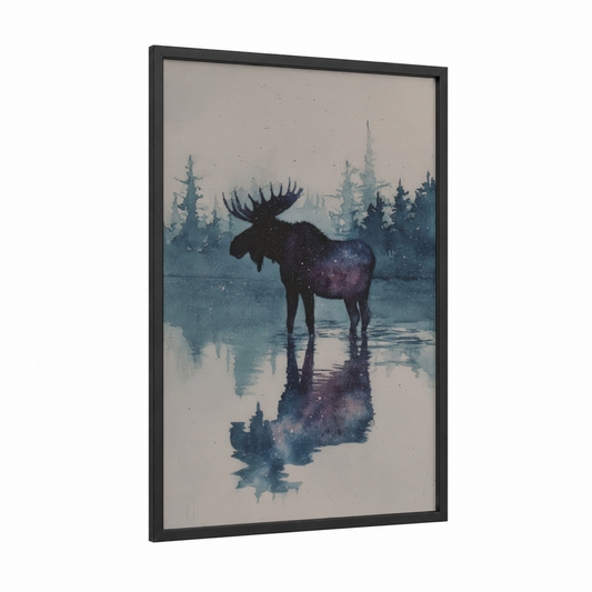 Cosmic Moose framed art print — black wood frame — blue and gray palette