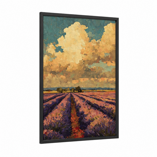 Golden Lavender Field framed art print — black wood frame — gold and teal palette