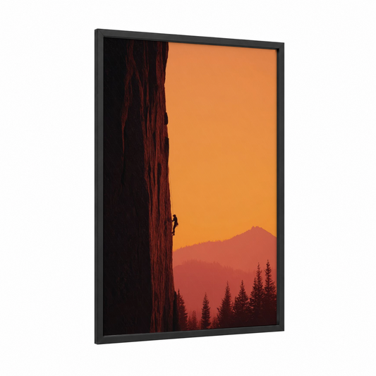 Alpine Climber Sunset framed rock climbing print — black wood frame — orange and black and red palette