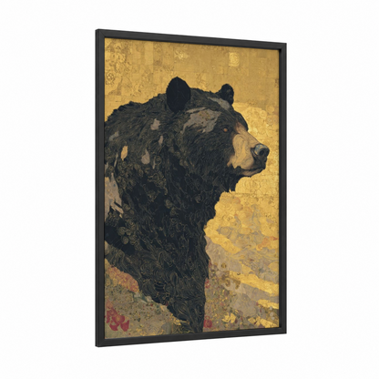 Golden Grizzly framed grizzly bear print — black wood frame — gold and black palette