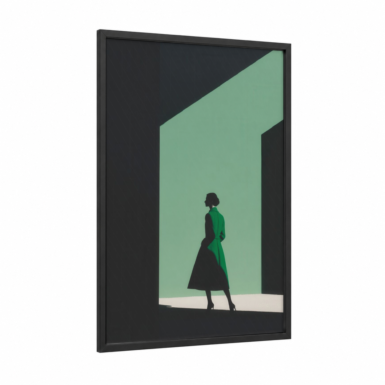 Emerald Elegance framed women's fashion print — black wood frame — light green and black palette