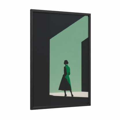 Emerald Elegance framed women's fashion print — black wood frame — light green and black palette